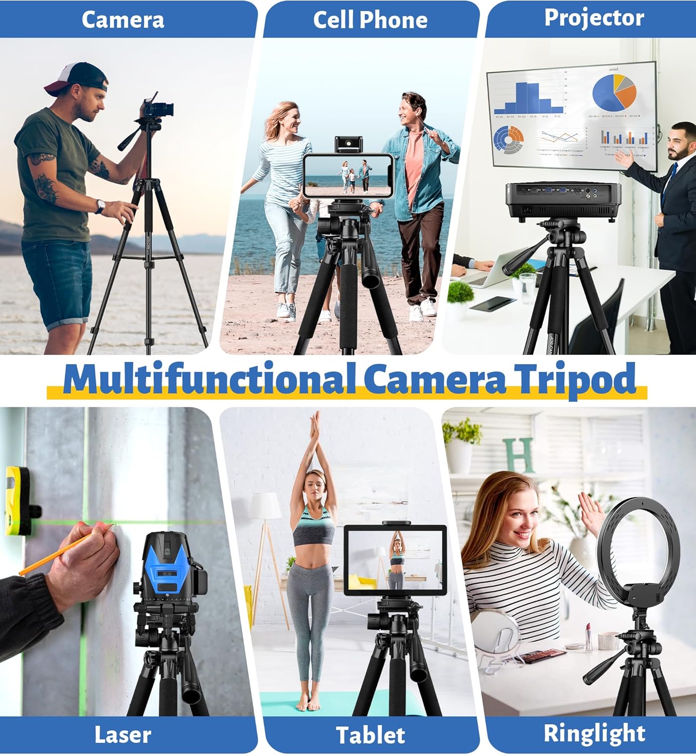 JOILCAN Tripod for Camera, 67" Heavy Duty Camera Tripod, Phone Tripods for Video Recording Photo Vlog, Aluminum Tripods with Holder & Travel Bag for Cameras DSLR iPhone Projector Laser - Image 4