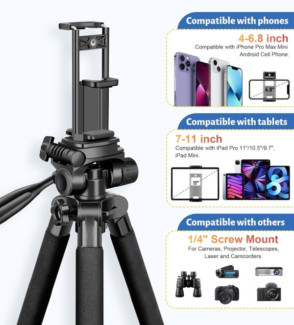 JOILCAN Tripod for Camera, 67" Heavy Duty Camera Tripod, Phone Tripods for Video Recording Photo Vlog, Aluminum Tripods with Holder & Travel Bag for Cameras DSLR iPhone Projector Laser - Image 6