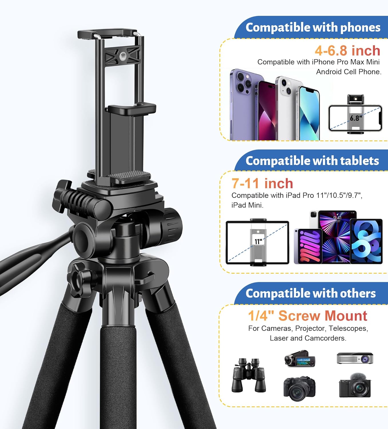 JOILCAN Tripod for Camera, 67" Heavy Duty Camera Tripod, Phone Tripods for Video Recording Photo Vlog, Aluminum Tripods with Holder & Travel Bag for Cameras DSLR iPhone Projector Laser - Image 6