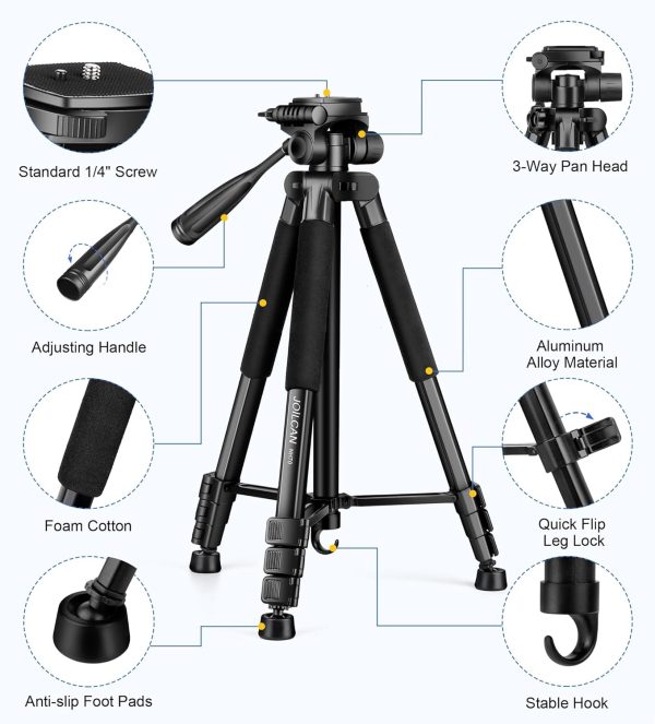 JOILCAN Tripod for Camera, 67" Heavy Duty Camera Tripod, Phone Tripods for Video Recording Photo Vlog, Aluminum Tripods with Holder & Travel Bag for Cameras DSLR iPhone Projector Laser - Image 7