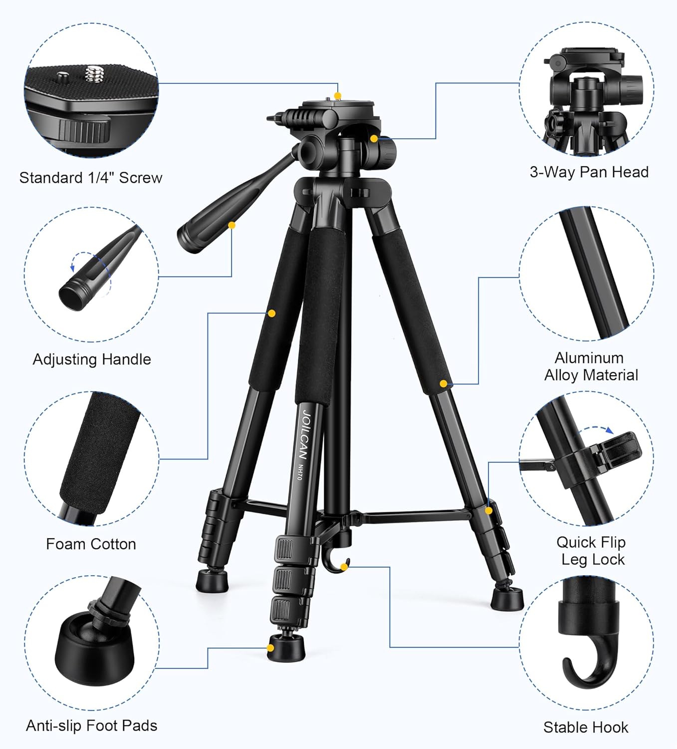 JOILCAN Tripod for Camera, 67" Heavy Duty Camera Tripod, Phone Tripods for Video Recording Photo Vlog, Aluminum Tripods with Holder & Travel Bag for Cameras DSLR iPhone Projector Laser - Image 7