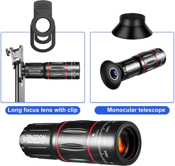 Phone Camera Lens Kit 28X Telephoto Lens for iPhone with E-Clip and Tripod, Suitable for Most Smartphones (Black) - Image 2