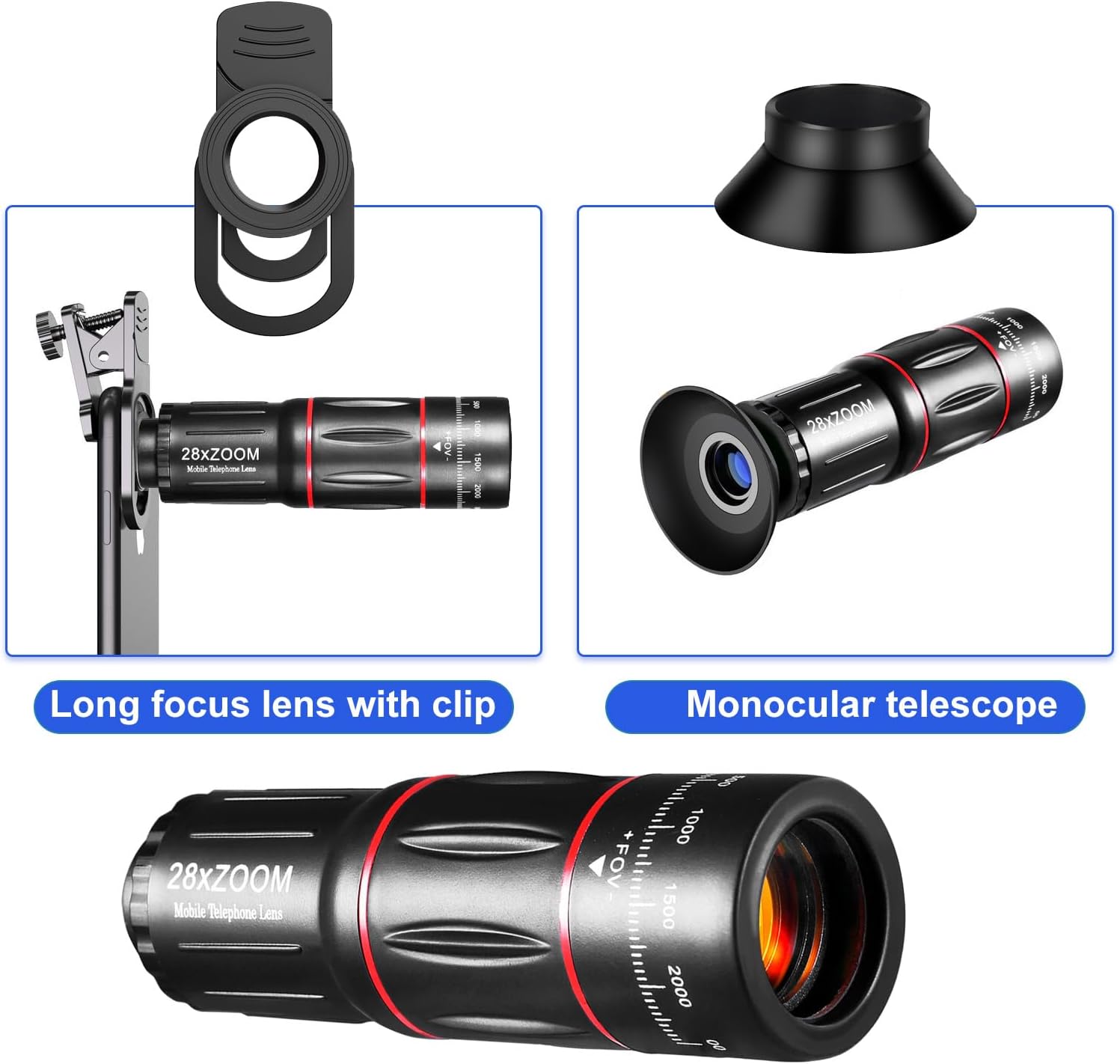 Phone Camera Lens Kit 28X Telephoto Lens for iPhone with E-Clip and Tripod, Suitable for Most Smartphones (Black) - Image 2